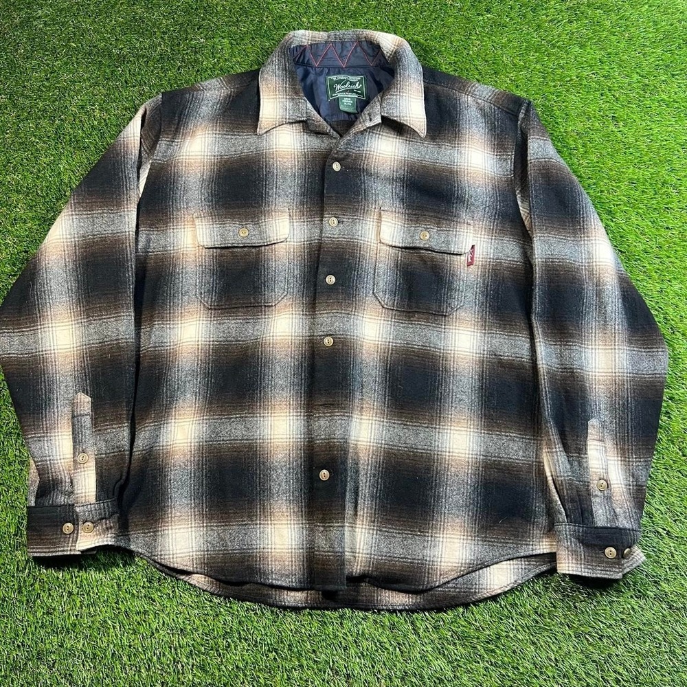 Woolrich Tan Brown Plaid Flannel Shirt Jacket XL Fall Outdoor Workwear Wool